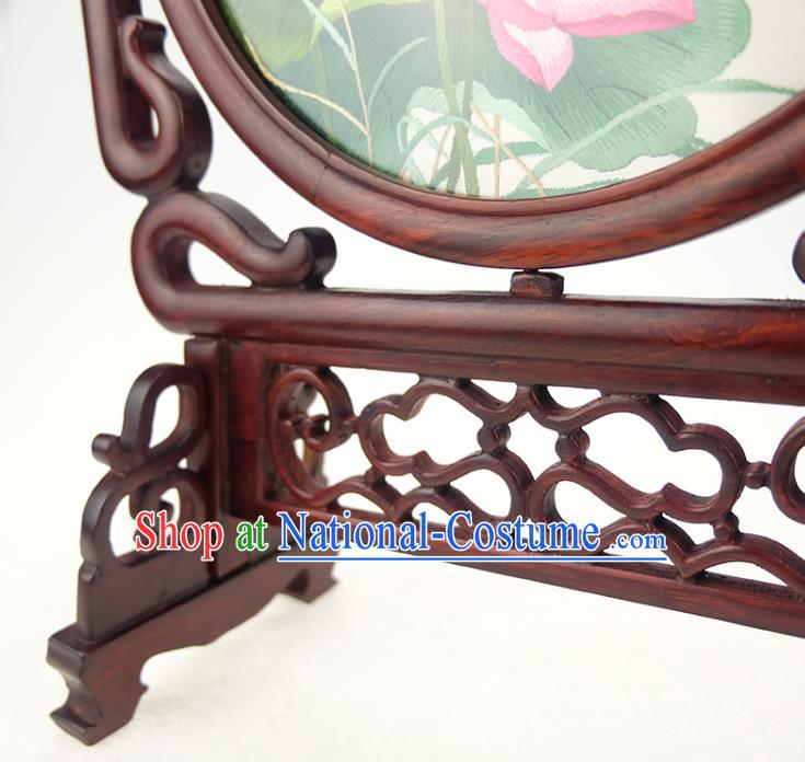 China Embroidered Lotus Desk Screen Handmade Rosewood Table Ornament Suzhou Double Side Embroidery Silk Craft