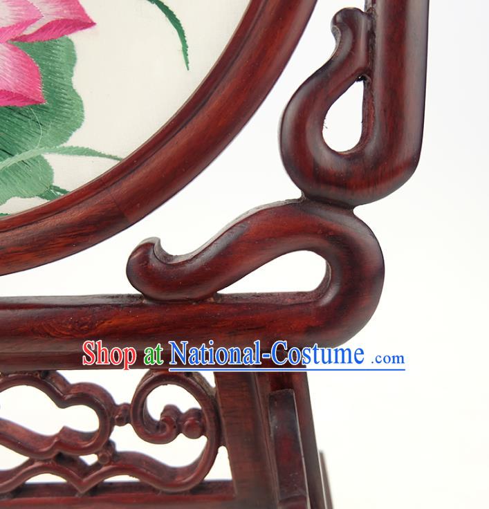 China Embroidered Lotus Desk Screen Handmade Rosewood Table Ornament Suzhou Double Side Embroidery Silk Craft