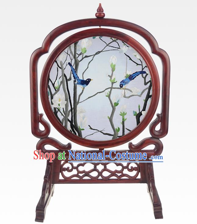 China Handmade Rosewood Table Ornament Suzhou Double Side Embroidery Silk Craft Embroidered Mangnolia Desk Screen