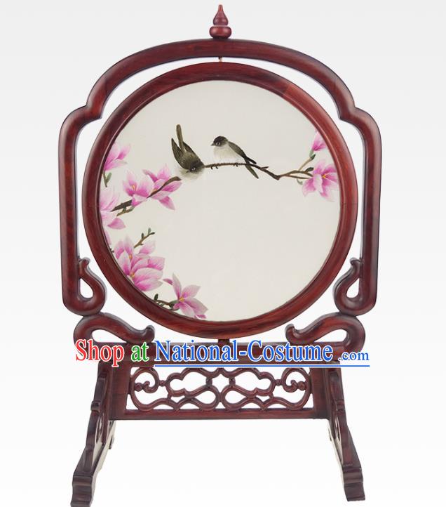 China Embroidered Red Mangnolia Desk Screen Suzhou Double Side Embroidery Silk Craft Handmade Rosewood Table Ornament