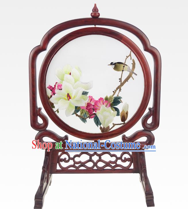 China Handmade Double Side Suzhou Embroidery Silk Craft Embroidered Mangnolia Rosewood Desk Screen