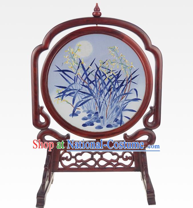 China Handmade Rosewood Table Ornament Embroidered Orchids Desk Screen