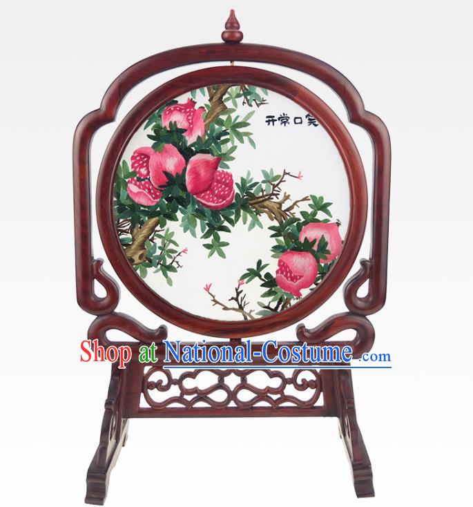 China Embroidered Pomegranate Desk Screen Handmade Rosewood Table Ornament