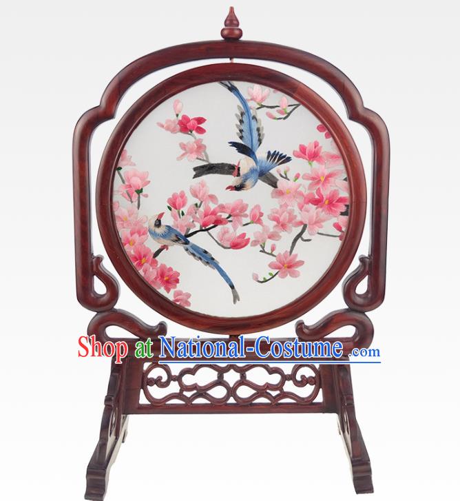 China Traditional Embroidered Peach Blossom Desk Screen Rosewood Craft Handmade Table Ornament