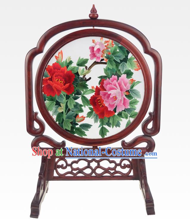 China Traditional Rosewood Craft Handmade Table Ornament Embroidered Peony Desk Screen