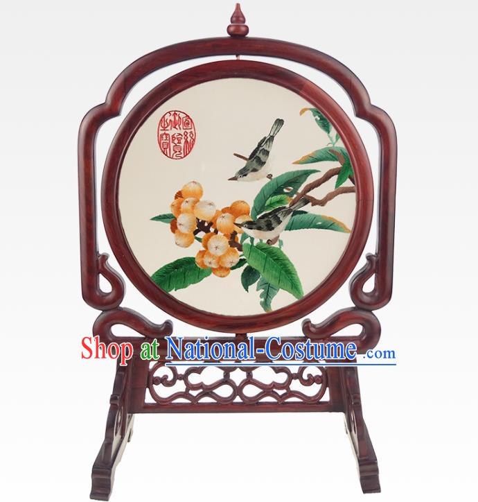 China Handmade Table Ornament Embroidered Hawthorn Desk Screen Traditional Rosewood Craft