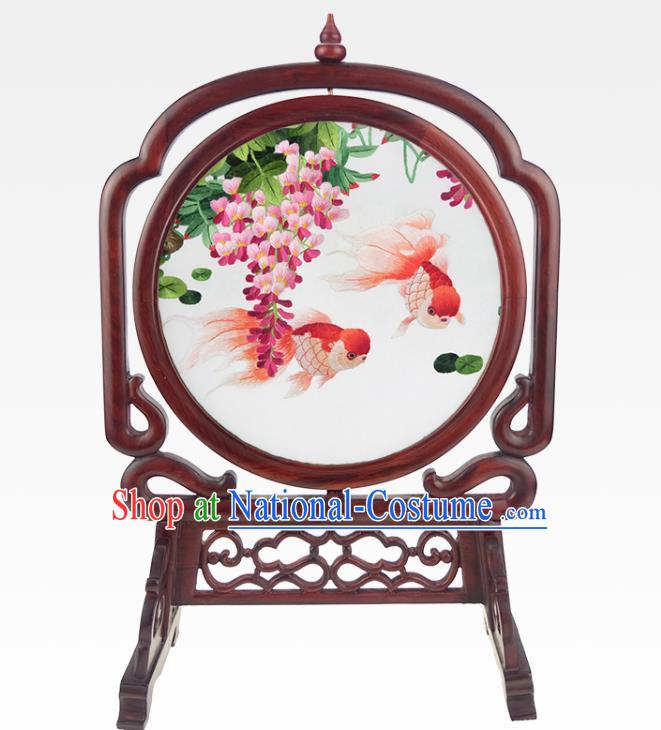 China Embroidered Wisteria Desk Screen Handmade Table Ornament Traditional Rosewood Craft