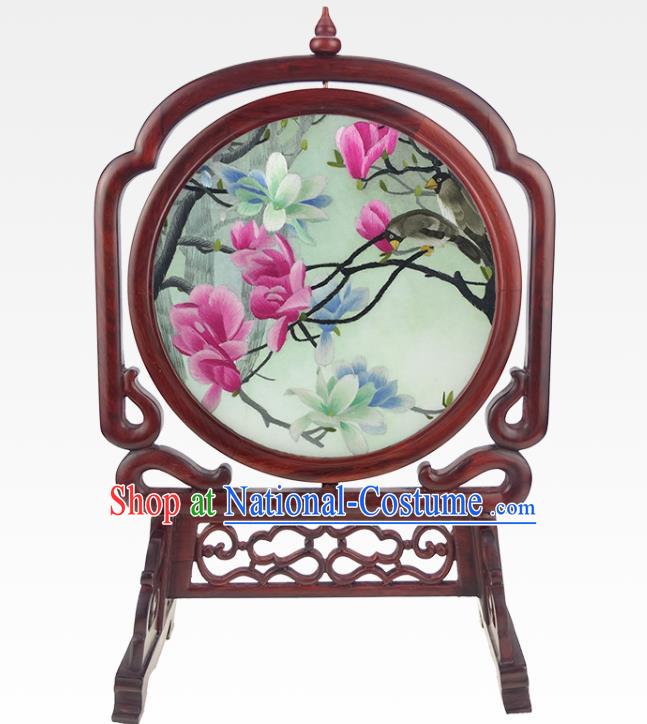 China Embroidered Mangnolia Craft Handmade Table Ornament Traditional Rosewood Desk Screen