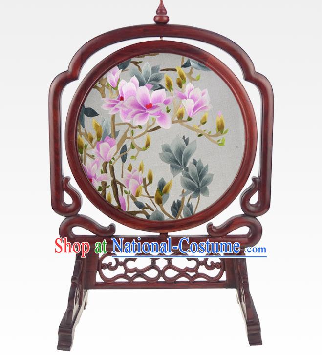 China Handmade Table Ornament Traditional Rosewood Desk Screen Embroidered Mangnolia Craft