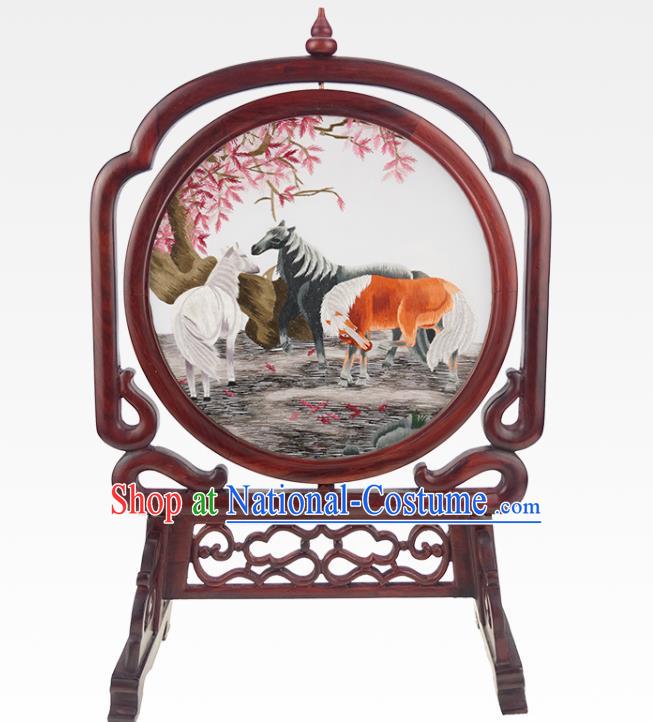 China Suzhou Embroidered Horse Craft Handmade Table Ornament Traditional Embroidery Rosewood Desk Screen