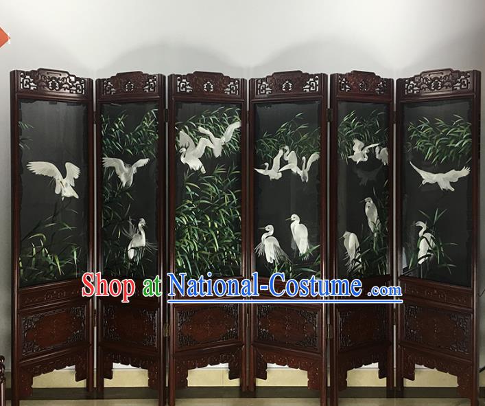 China Suzhou Embroidered Craft Handmade Furniture Ornament Traditional Embroidery Bamboo Cranes Rosewood Folding Screen