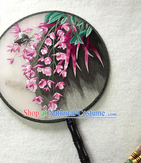 China Classical Dance Circular Fan Traditional Suzhou Embroidered Phalaenopsis Palace Fan Handmade Black Silk Fan