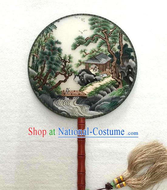 China Classical Dance Circular Silk Fan Traditional Suzhou Embroidered Landscape Fan Handmade Double Sides Palace Fan