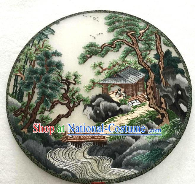 China Classical Dance Circular Silk Fan Traditional Suzhou Embroidered Landscape Fan Handmade Double Sides Palace Fan