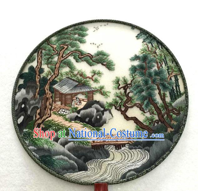 China Classical Dance Circular Silk Fan Traditional Suzhou Embroidered Landscape Fan Handmade Double Sides Palace Fan