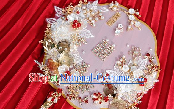 China Classical Wedding Circular Fan Traditional Handmade Shell Flowers Palace Fan