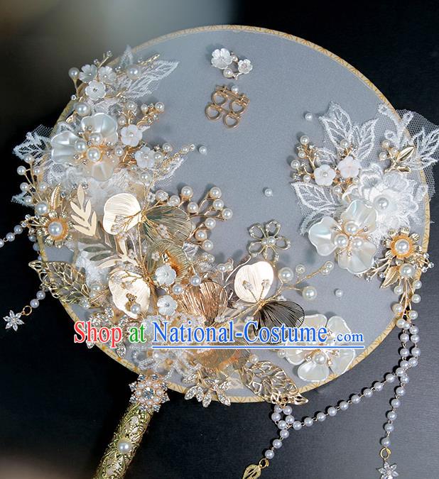 China Traditional Handmade Shell Flowers Palace Fan Classical Wedding Circular Fan