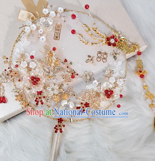 China Traditional Handmade Shell Plum Blossom Palace Fan Classical Wedding Golden Phoenix Circular Fan