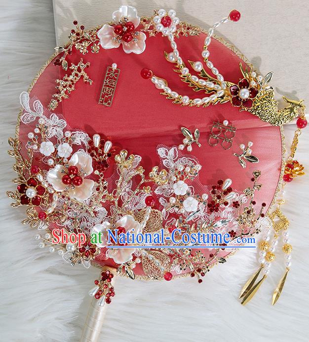 China Traditional Red Silk Fan Classical Wedding Golden Phoenix Circular Fan Handmade Shell Plum Blossom Palace Fan