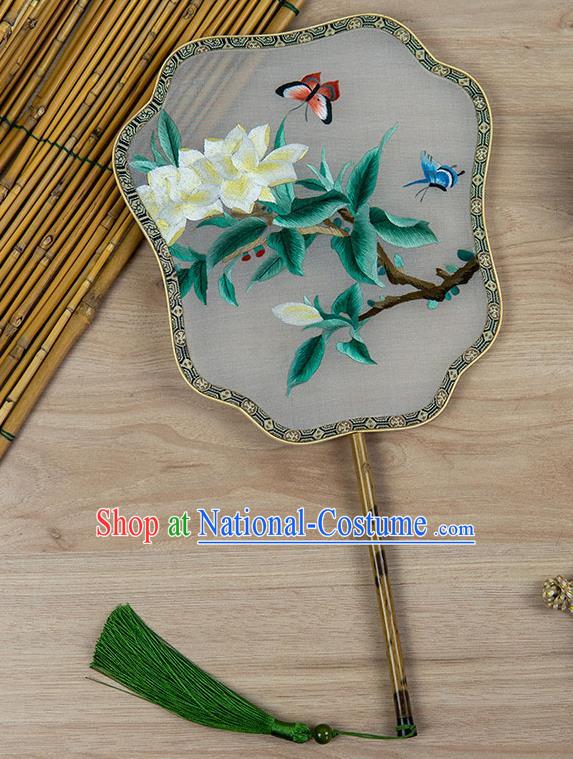 China Handmade Mottled Bamboo Palace Fan Traditional Silk Fan Classical Hanfu Accessories Embroidered Fan