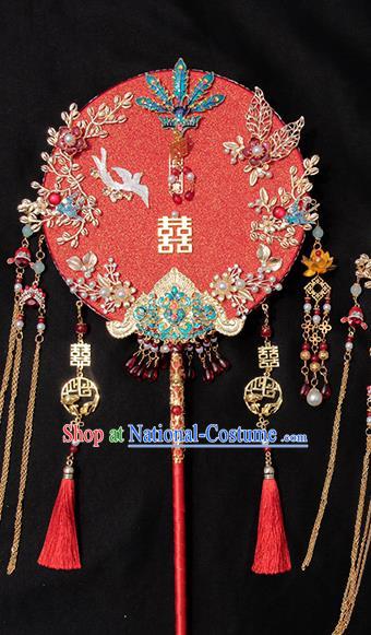 China Traditional Blueing Phoenix Red Fan Handmade Palace Fan Classical Wedding Circular Fan