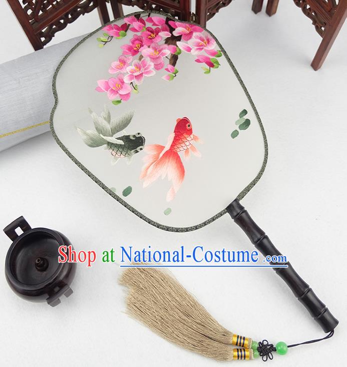 China Handmade Rosewood Palace Fan Traditional Silk Fan Embroidered Peach Blossom Goldfish Fan