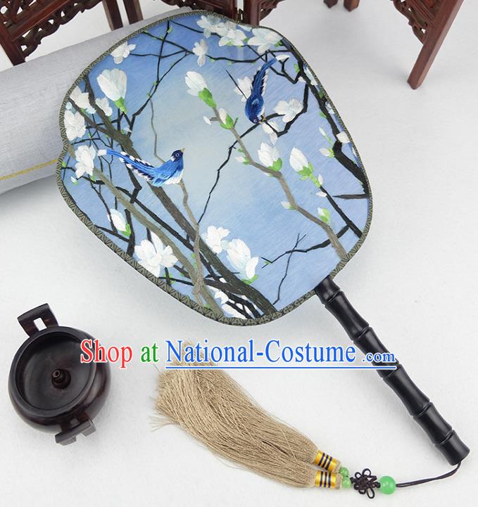 China Traditional Blue Silk Fan Handmade Rosewood Palace Fan Embroidered Mangnolia Fan