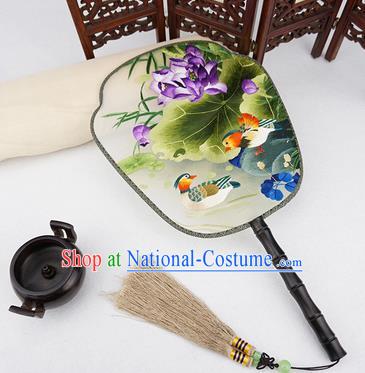 China Embroidered Mandarin Duck Lotus Silk Fan Handmade Palace Fan Traditional Rosewood Fan