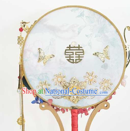 China Traditional Bride Golden Phoenix Tassel Circular Fan Handmade Wedding Roses Palace Fan Classical Dance Fan