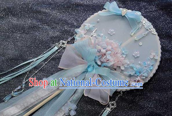 China Traditional Bride Blue Silk Circular Fan Classical Dance Ribbon Fan Handmade Wedding Palace Fan