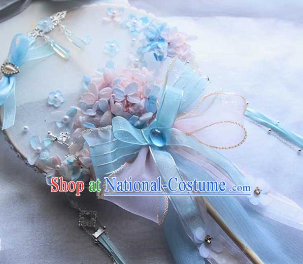 China Traditional Bride Blue Silk Circular Fan Classical Dance Ribbon Fan Handmade Wedding Palace Fan