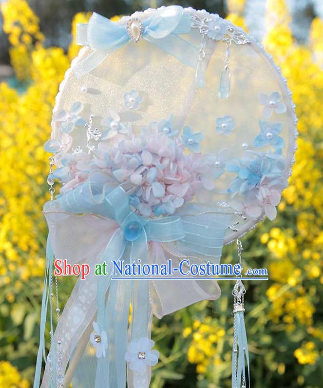 China Traditional Bride Blue Silk Circular Fan Classical Dance Ribbon Fan Handmade Wedding Palace Fan