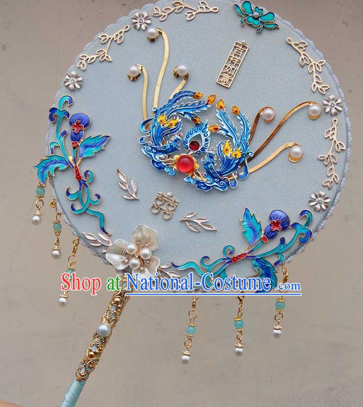 China Traditional Blueing Phoenix Fan Handmade Shell Flower Palace Fan Classical Wedding White Circular Fan