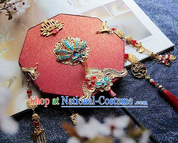 China Traditional Bride Red Octagon Fan Classical Dance Fan Handmade Wedding Palace Fan