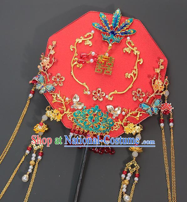 China Classical Dance Blueing Phoenix Fan Handmade Wedding Palace Fan Traditional Bride Red Octagon Fan