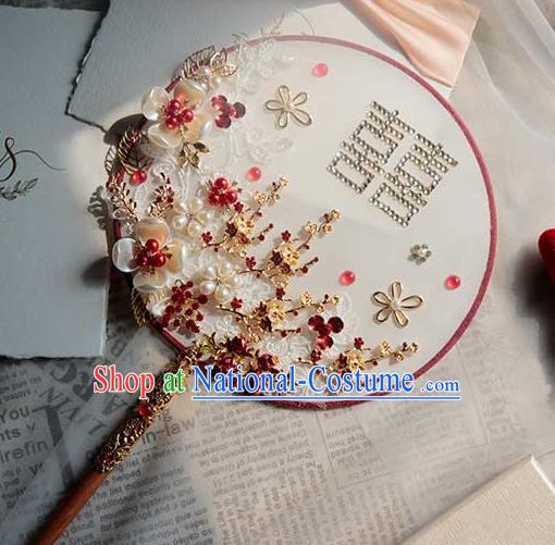 China Traditional Pearls Plum Circular Fan Handmade Wedding Palace Fan Bride Classical Dance Fan