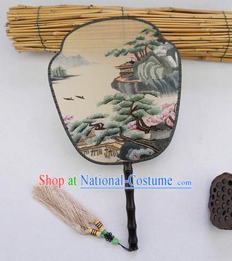 China Traditional Handmade Rosewood Fan Palace Fan Embroidered Landscape Painting Silk Fan