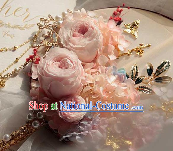 China Handmade Wedding Tassel Palace Fan Traditional Bride Pink Rose Silk Fan Classical Dance Circular Fan