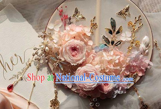 China Handmade Wedding Tassel Palace Fan Traditional Bride Pink Rose Silk Fan Classical Dance Circular Fan