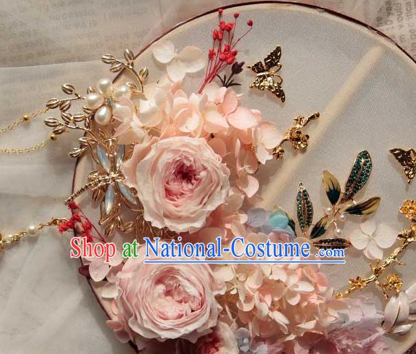 China Handmade Wedding Tassel Palace Fan Traditional Bride Pink Rose Silk Fan Classical Dance Circular Fan