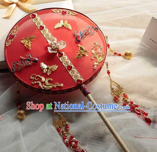 China Classical Dance Red Silk Circular Fan Handmade Wedding Palace Fan Traditional Bride Blueing Phoenix Fan