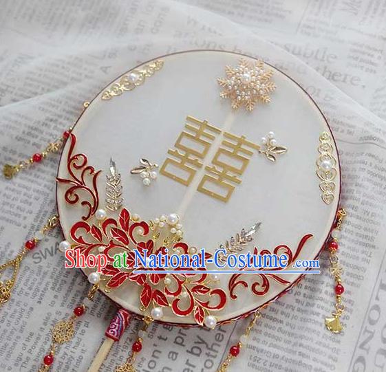 China Classical Dance Enamel Red Flower Circular Fan Handmade Wedding Palace Fan Traditional Bride Fan