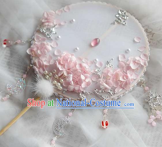 China Traditional Bride White Silk Fan Classical Dance Circular Fan Handmade Wedding Pink Hydrangea Palace Fan