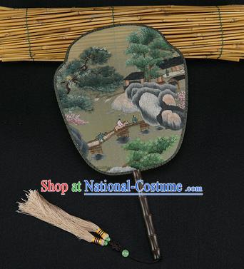 China Traditional Hanfu Silk Fan Embroidered Landscape Painting Fan Handmade Rosewood Palace Fans