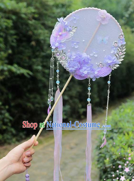 China Traditional Bride Lilac Silk Fan Classical Dance Circular Fan Handmade Wedding Purple Flowers Butterfly Palace Fan