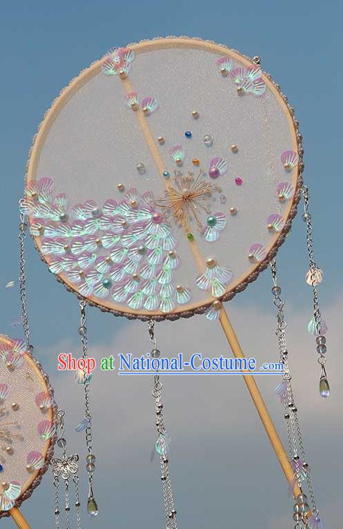 China Traditional Bride Beads Tassel Silk Fan Classical Dance Circular Fan Handmade Wedding Scale Palace Fan