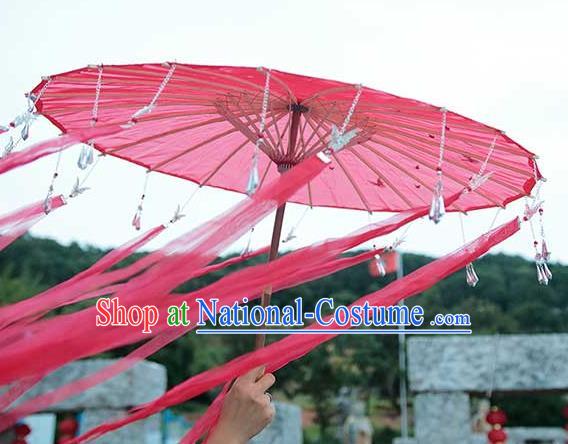 China Handmade Red Silk Umbrella Traditional Ribbon Tassel Umbrella