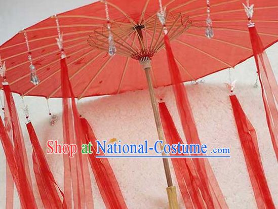 China Handmade Red Silk Umbrella Traditional Ribbon Tassel Umbrella