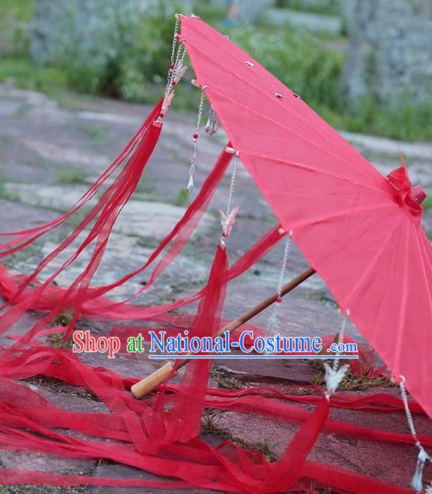 China Handmade Red Silk Umbrella Traditional Ribbon Tassel Umbrella