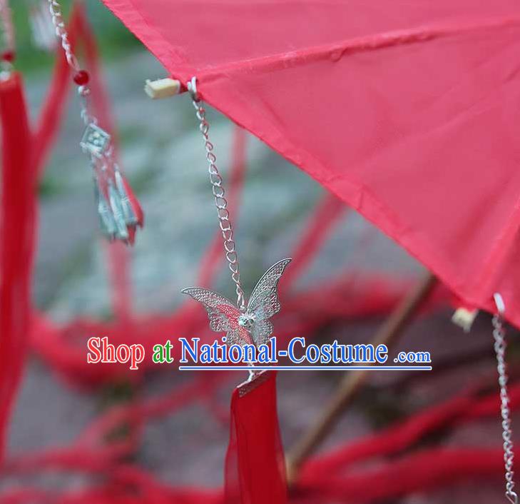 China Handmade Red Silk Umbrella Traditional Ribbon Tassel Umbrella